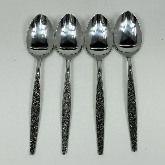 Vtg Interpur Jardiner Stainless Flatware 4 Oval Soup Spoons Daisy Tablespoon - Picture 1 of 9